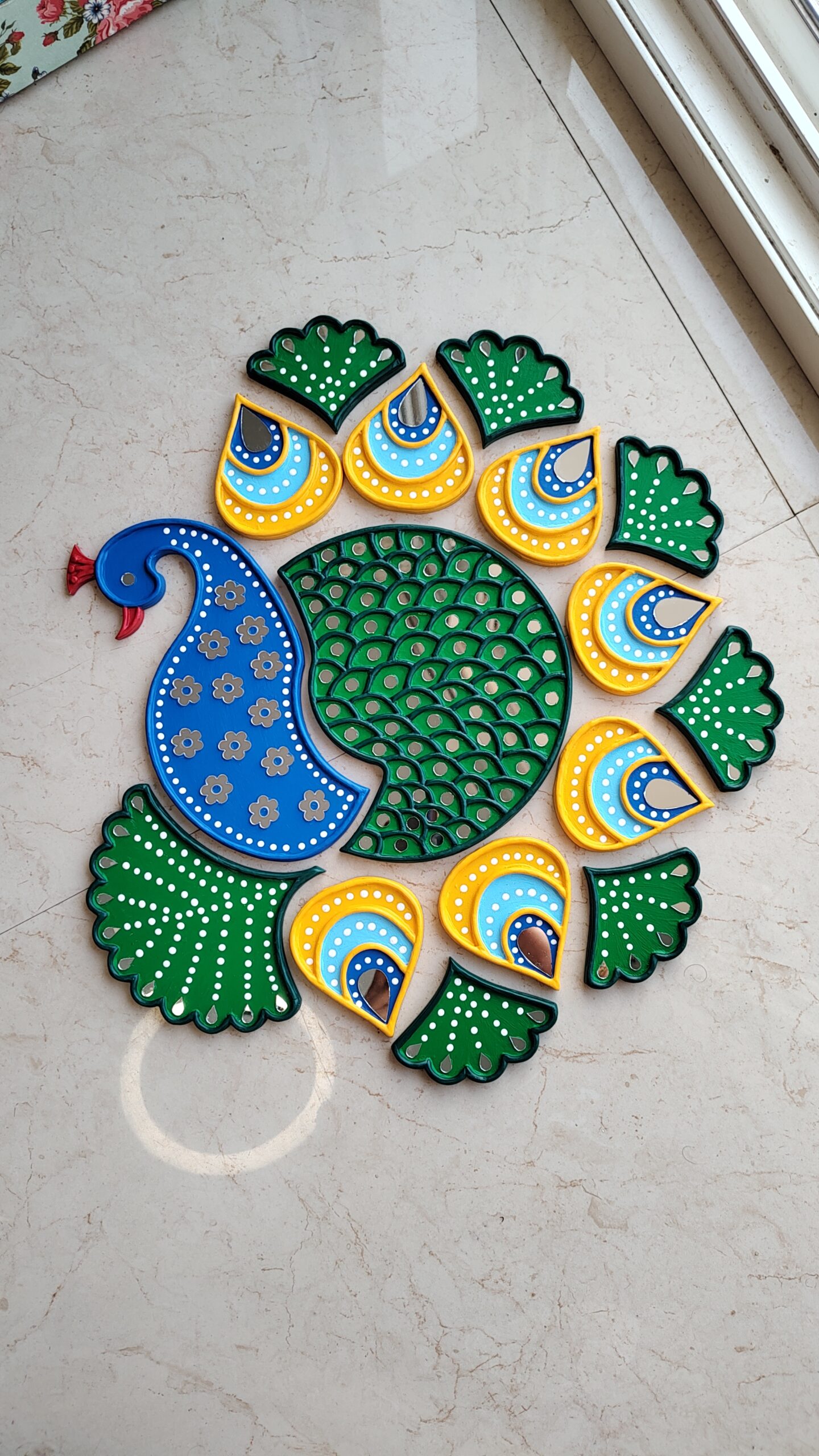 Handmade peacock readymade rangoli set with mirror work for Diwali home decoration and festive decor by KaushalS Creations