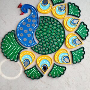Handmade peacock readymade rangoli set with mirror work for Diwali home decoration and festive decor by KaushalS Creations