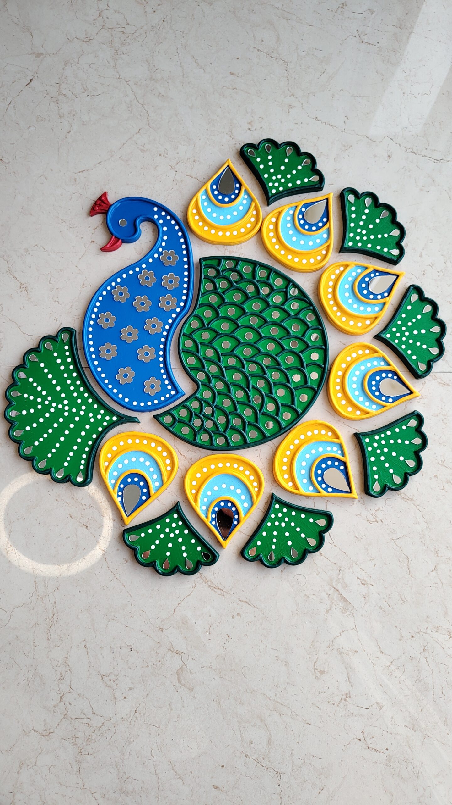 Handmade peacock readymade rangoli set with mirror work for Diwali home decoration and festive decor by KaushalS Creations
