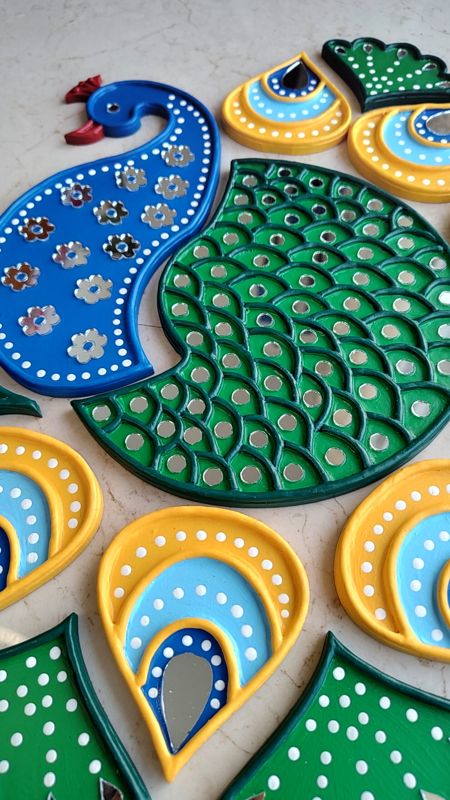 Handmade peacock readymade rangoli set with mirror work for Diwali home decoration and festive decor by KaushalS Creations