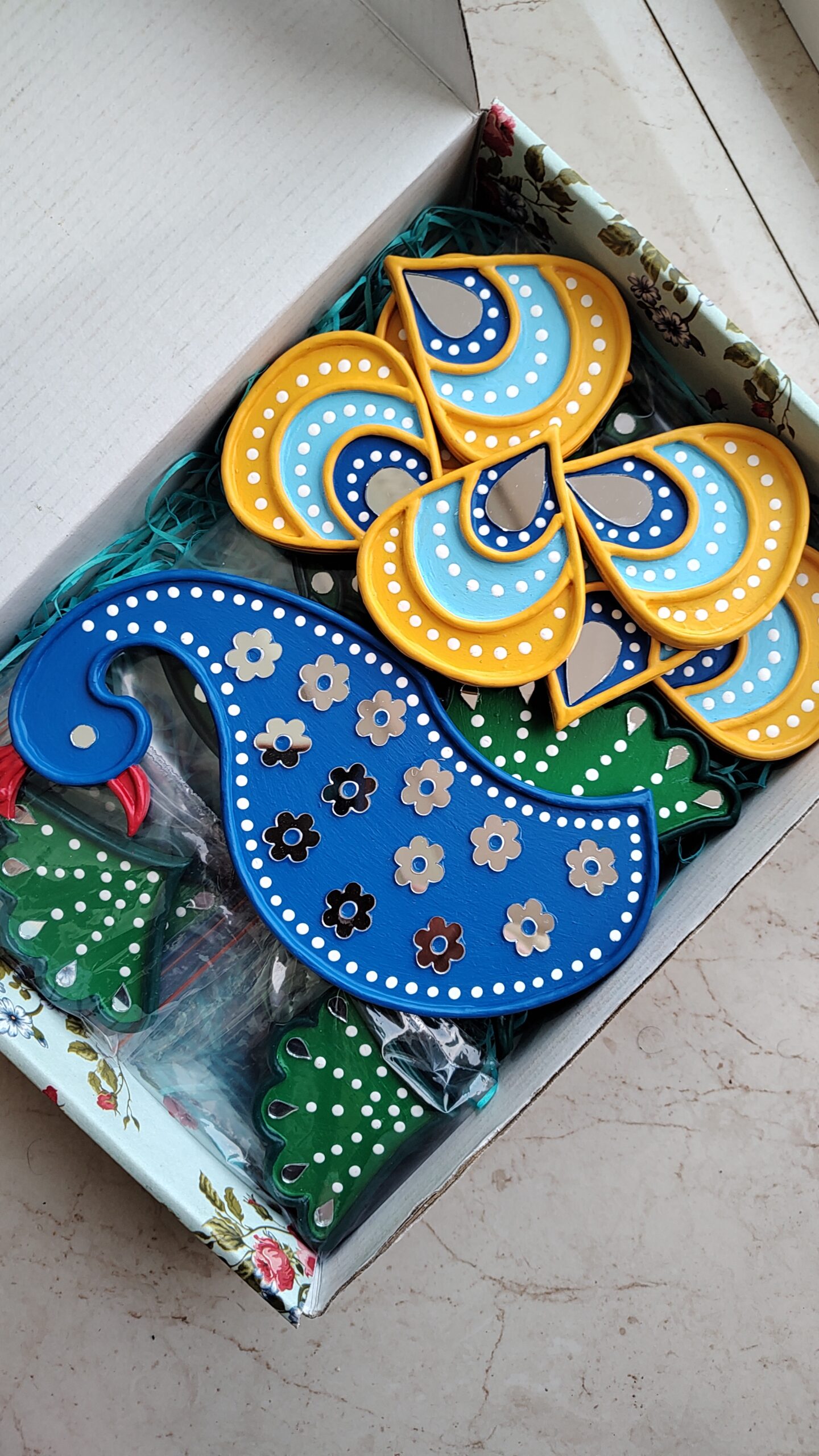 Handmade peacock readymade rangoli set with mirror work for Diwali home decoration and festive decor by KaushalS Creations