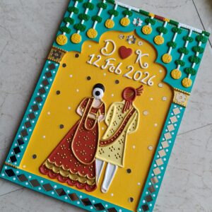 Personalised wedding date jharokha with bride groom figure and couple's name initials. Ideal for wedding gifts, anniversary gifts and housewarming gifts. Handmade by KaushalS Creations.