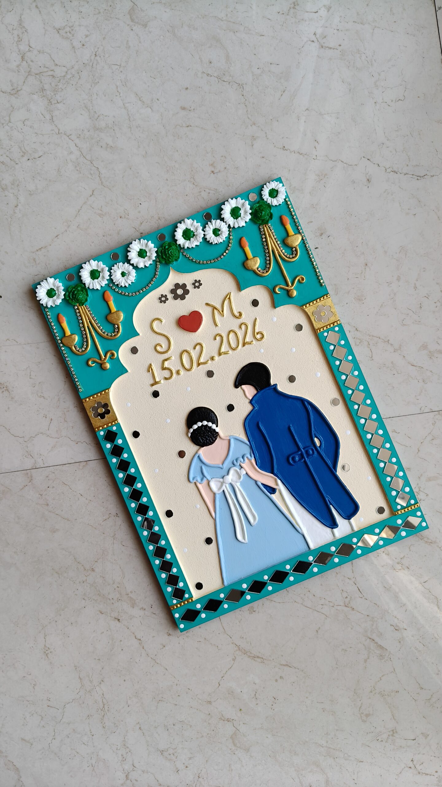 Personalised wedding date jharokha for anniversary gift or wedding gift or gift for couples. Regency era inspired couple and includes wedding date and couple initials