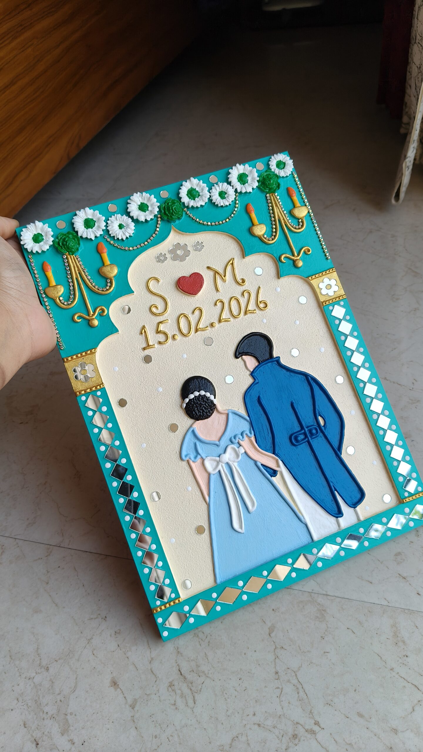 Personalised wedding date jharokha for anniversary gift or wedding gift or gift for couples. Regency era inspired couple and includes wedding date and couple initials