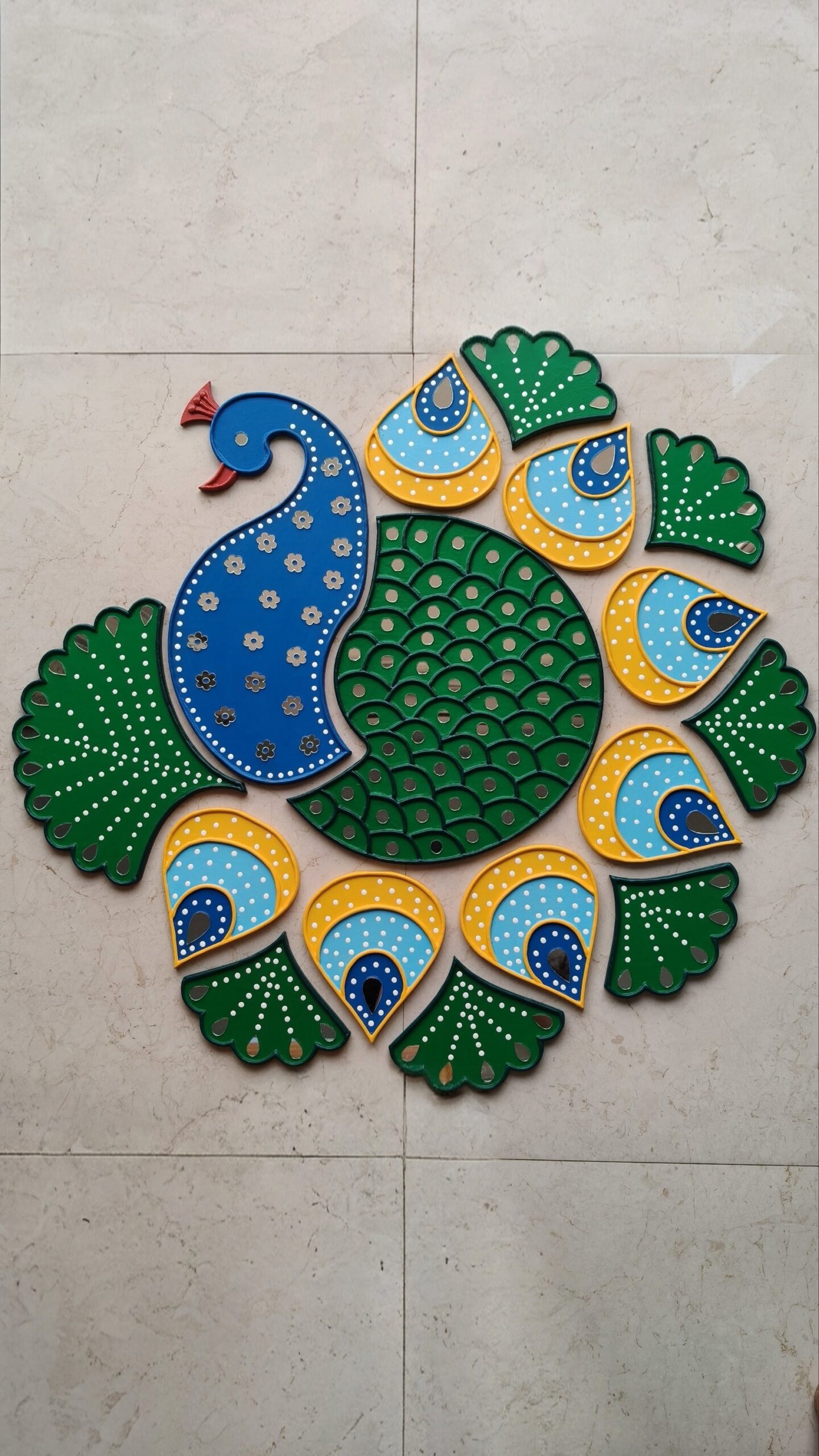 Handmade peacock readymade rangoli set with mirror work for Diwali home decoration and festive decor by KaushalS Creations
