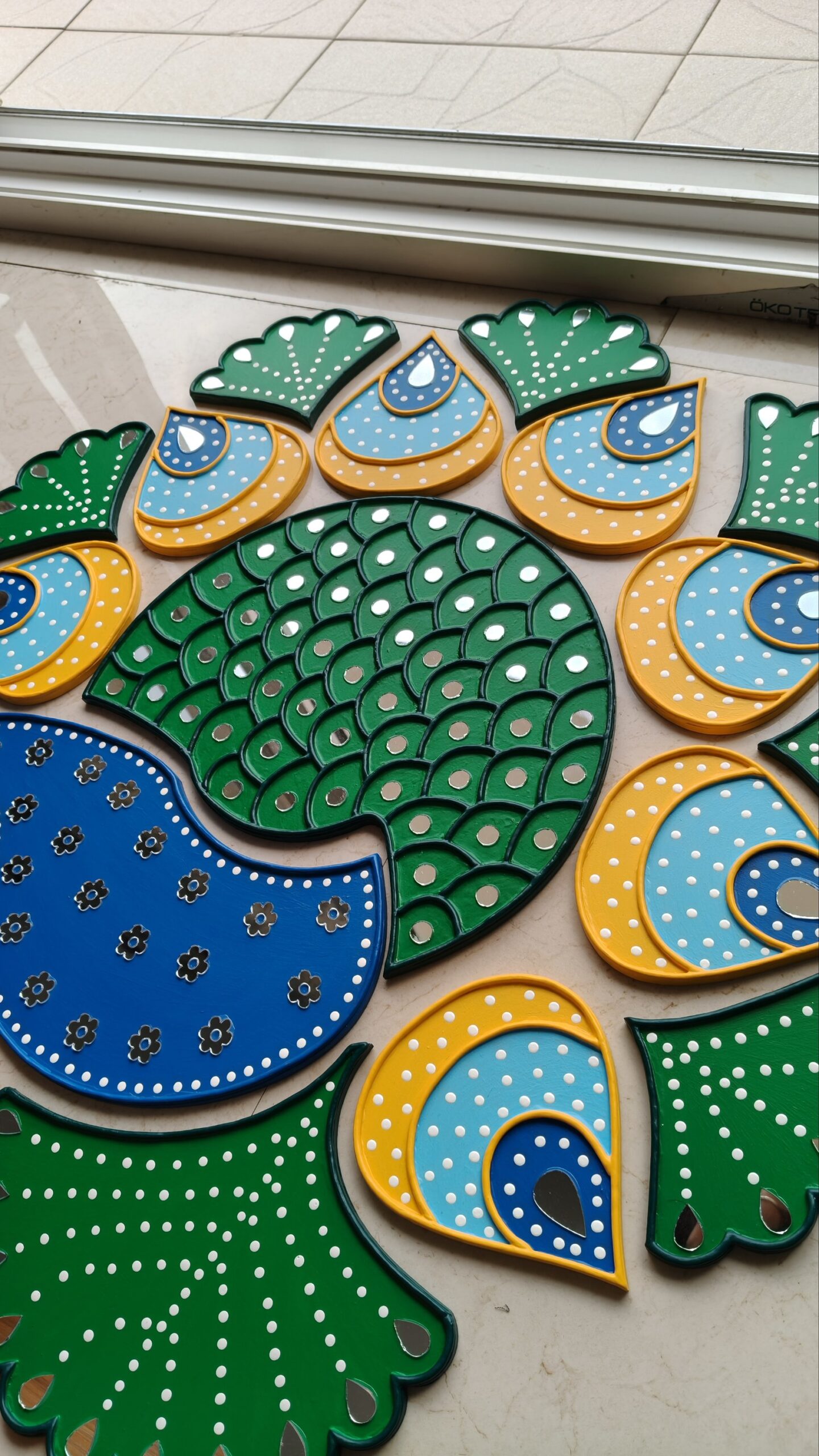 Handmade peacock readymade rangoli set with mirror work for Diwali home decoration and festive decor by KaushalS Creations