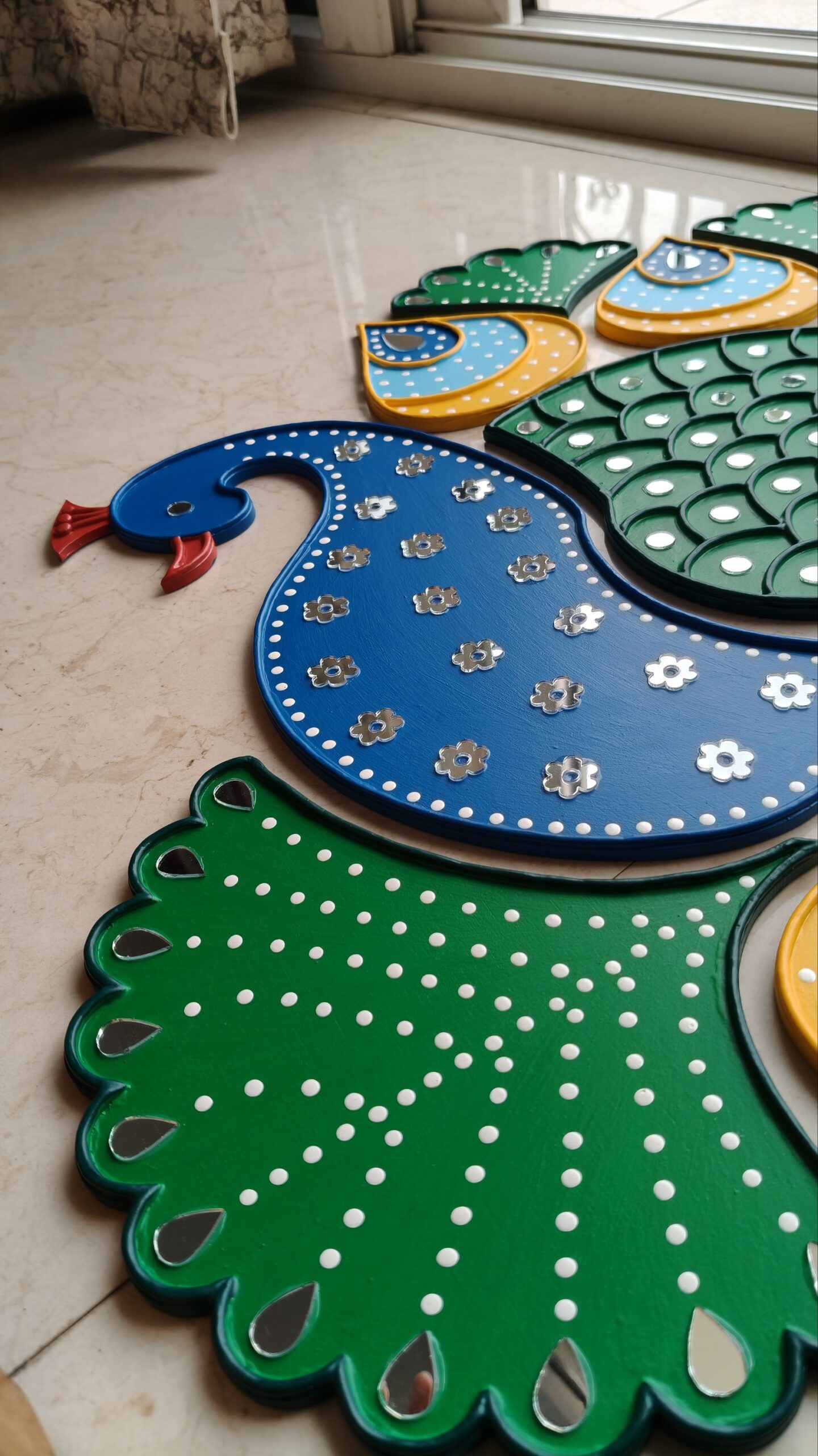 Handmade peacock readymade rangoli set with mirror work for Diwali home decoration and festive decor by KaushalS Creations