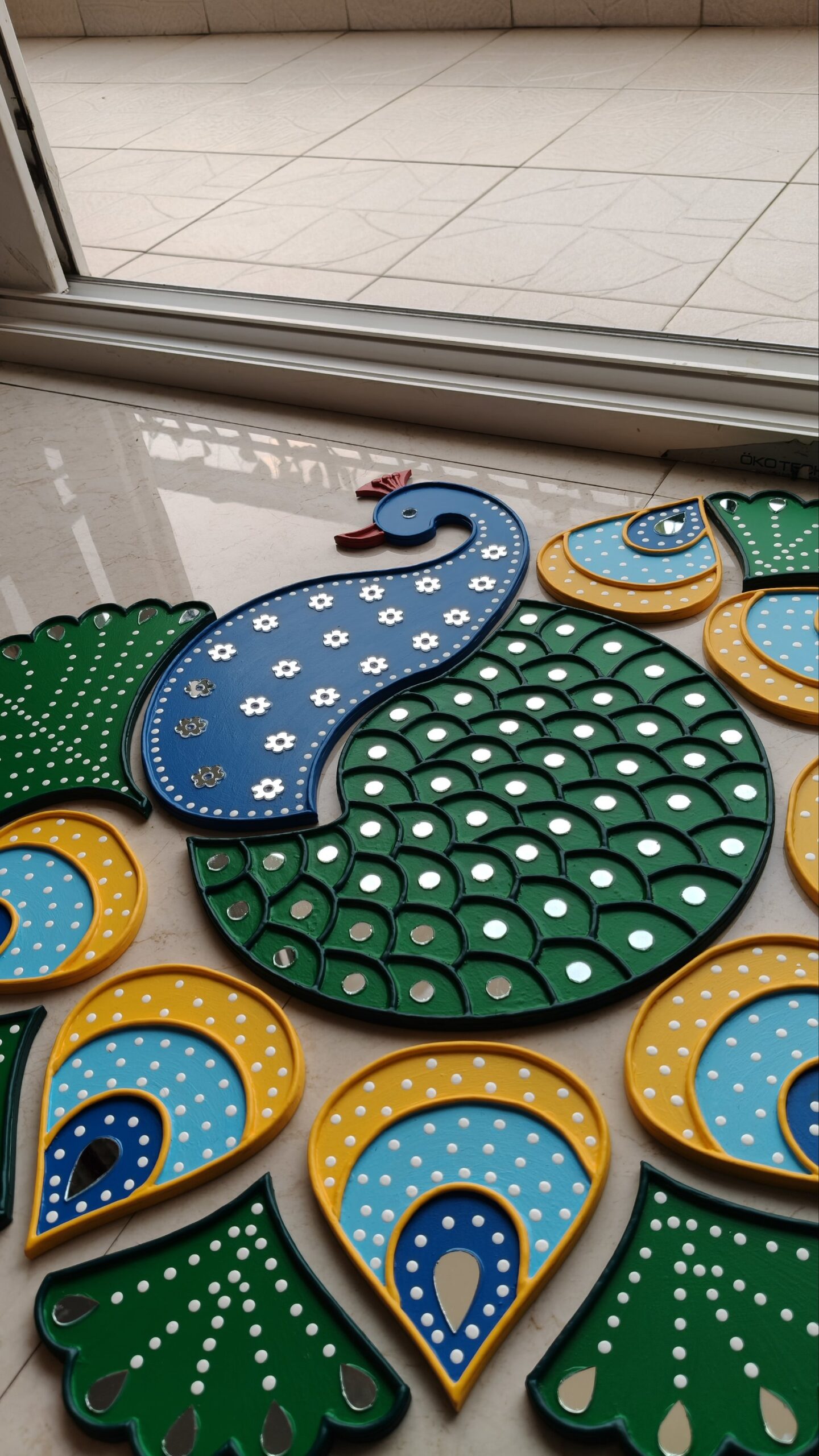 Handmade peacock readymade rangoli set with mirror work for Diwali home decoration and festive decor by KaushalS Creations