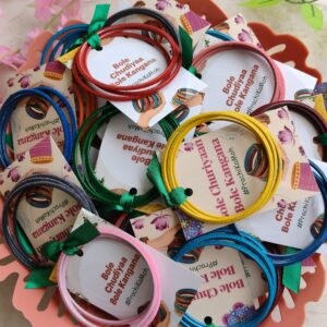 Customised velvet bangle cards with wedding hashtag for Haldi and Mehndi function. Wedding essentials by KaushalS Creations