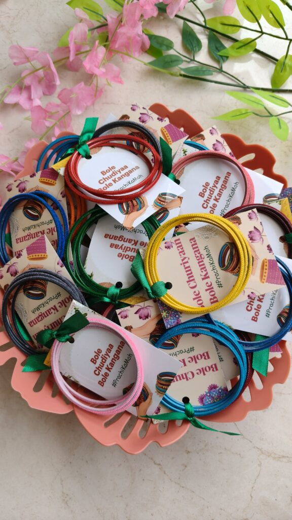 Customised velvet bangle cards with wedding hashtag for Haldi and Mehndi function. Wedding essentials by KaushalS Creations