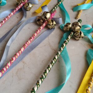 Decorated Wedding Phera Bells Stick with three ghungroo and colourful ribbons for wedding phera ceremony. Indian wedding essentials. Handmade with love by KaushalS Creations.