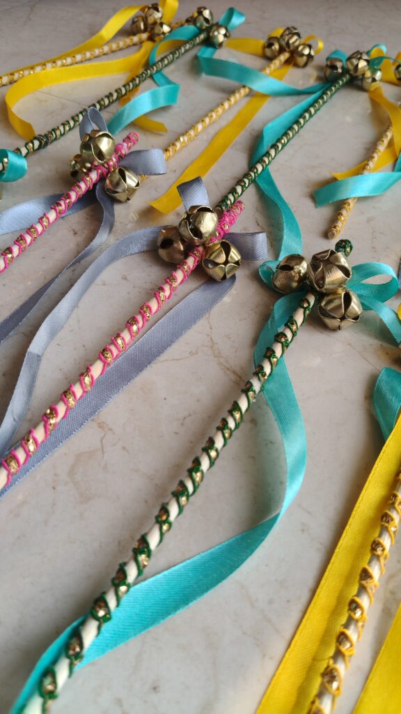 Decorated Wedding Phera Bells Stick with three ghungroo and colourful ribbons for wedding phera ceremony. Indian wedding essentials. Handmade with love by KaushalS Creations.